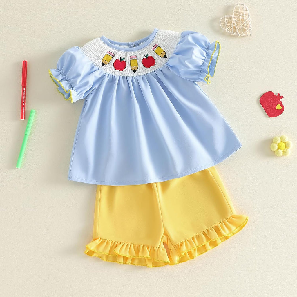 Back to School Little Toddler Girls Outfit Pre K First Day of School Smocked T-Shirt Dress Top Ruffle Shorts Set