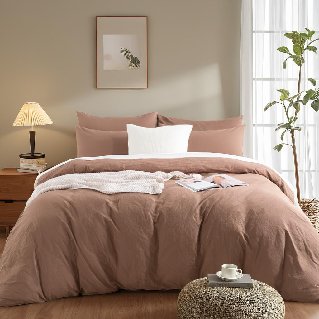Duvet Cover Set Queen Size Linen Textured Organic Natural 100% Washed Cotton Duvet Cover Mocha Brown 3 Pieces Bedding