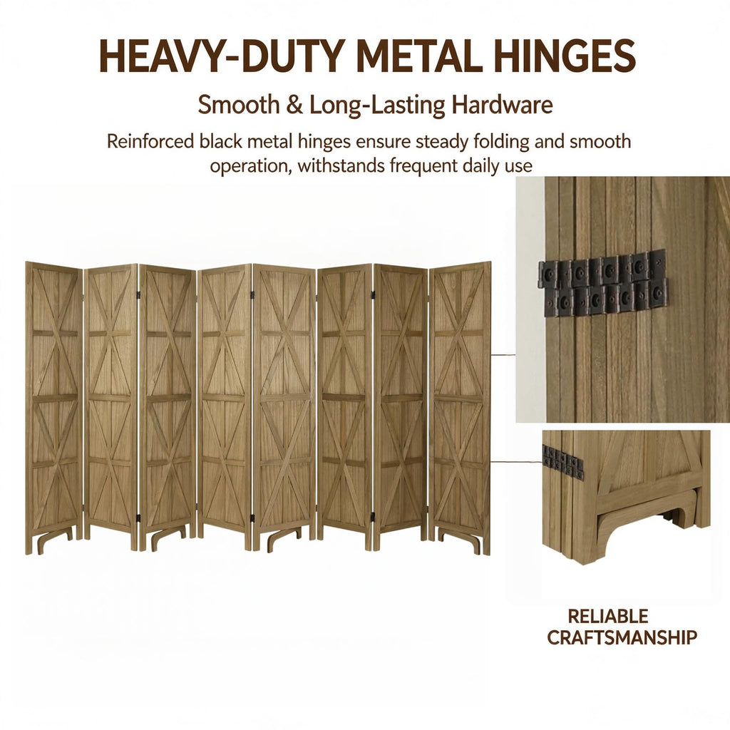 8 Panel Wooden Room Divider, 67" Tall Folding Privacy Screen, Natural