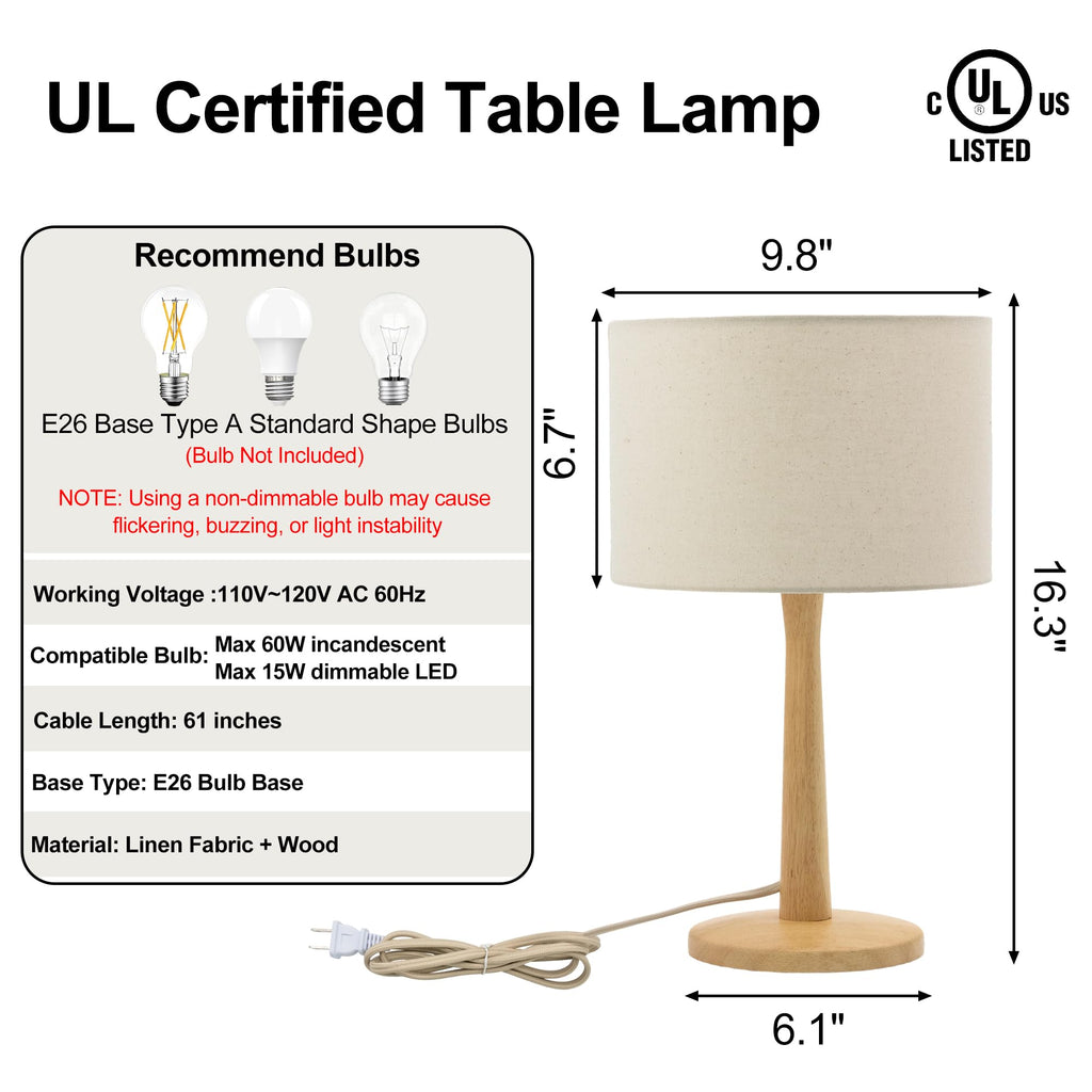 16.3" Natural Wood Table Lamp with Linen Drum Shade, E26 Base, Beige