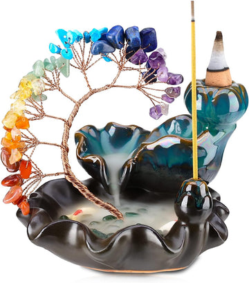 Backflow Incense Burner Ceramic Incense Waterfall 7 Chakras Crystal Tree Incense Holder Namaste Yoga Meditation