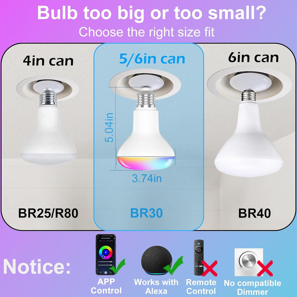 Smart Light Bulbs,BR30 Smart Bulbs Compatible with Alexa,Flood Light Bulbs 10W 900LM,RGBCW Color Changing Light