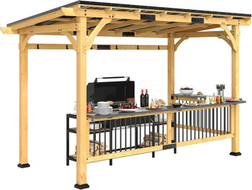 13' x 6' Wooden BBQ Grill Gazebo, Hardtop Grill Gazebo with Metal Roof, 2 Bar Shelves and 6 Hooks