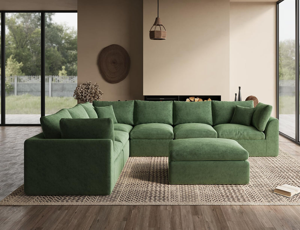 Oversized Cloud Couches, Boneless Sectional Couch with Ottoman, 7 Seater Large Modular Sectional Sofa, Green