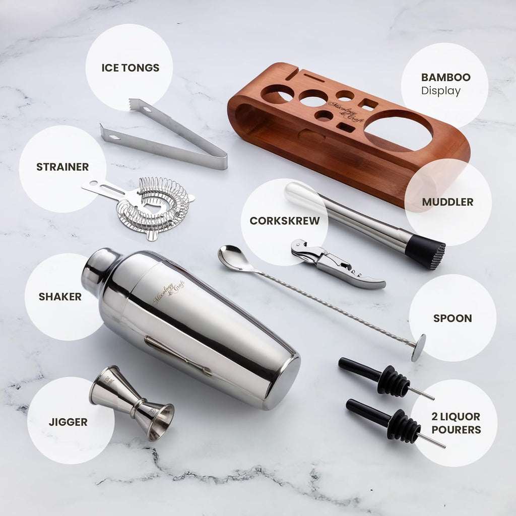 Cocktail Shaker Set with Dark Bamboo Stand - Professional 10-Piece Bartender Kit - Complete Bar Set & Cocktail Mixer