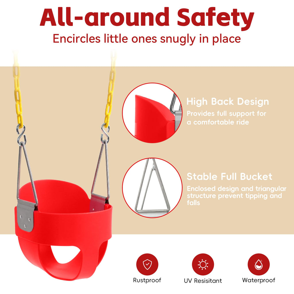 High Back Full Bucket Toddler Swing Seat with Finger Grip, Plastic Coated Chains and Carabiners for Easy Install