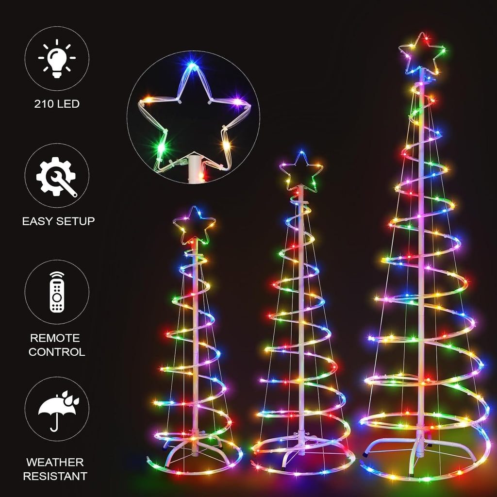 3 Packs Christmas Spiral Tree with Lights, 3/4/5 FT Lighted Xmas Collapsible Tree with Metal Stakes for Indoor &
