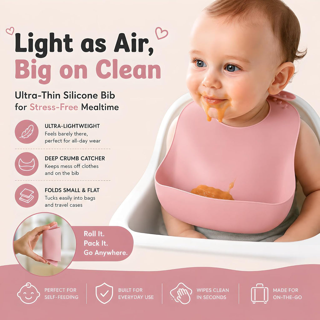 Travel Silicone Baby Feeding Set with 316 Stainless Steel Spoon & Fork,Silicone Suction Plates, Foldable Bib