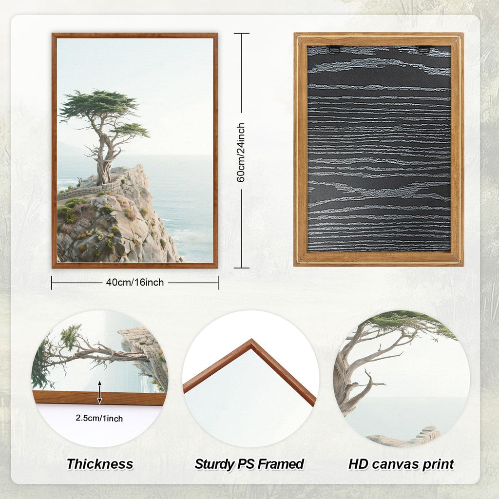 Coastal Seascape Framed Canvas Wall Art, Modern Beach Wall Decor, Neutral Pine Tree Painting, Natural Ocean Artwork