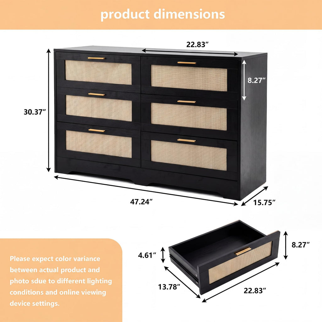 Dresser 6 Drawer Dresser Bedroom Furniture Storage Living Room Hallway, High Weight Capacity 300lbs, Imitation Rattan