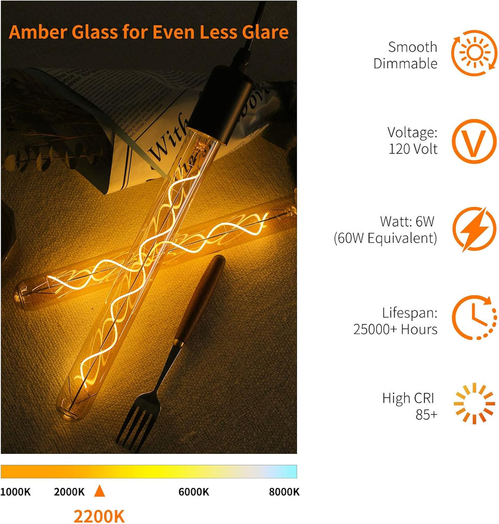 E26 T10 12 Inch Long Tubular LED Edison Bulbs, 6W(60W Eqv) 120V, 2200K Ultra Warm Candlelight, Dimmable, Spiral