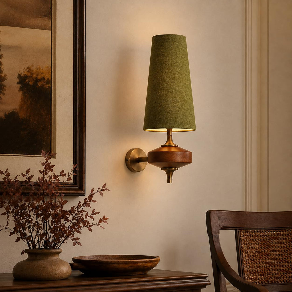 Vintage Mid-Century Wall Sconce, Solid Wooden & Fabric Wall Lamp, E14 LED Wall Light (38×15cm)(Green)