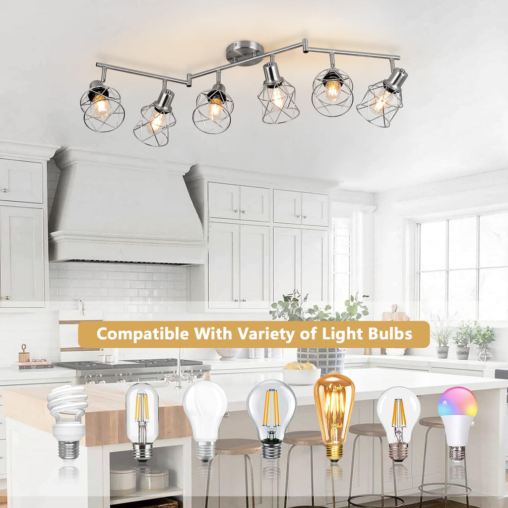 Track Lighting Fixtures, 6-Light Brushed Nickel Flush Mount Track Light Ceiling, 6 Way Spot Light Kitchen Light