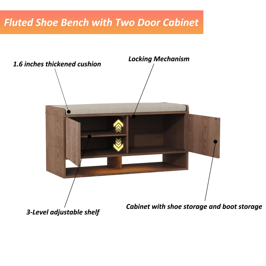39.4" Fluted Shoe Storage Bench, Entryway Bench with Linen Seat Cushion, Shoe Cabinet Bench with Adjustable Shelf and