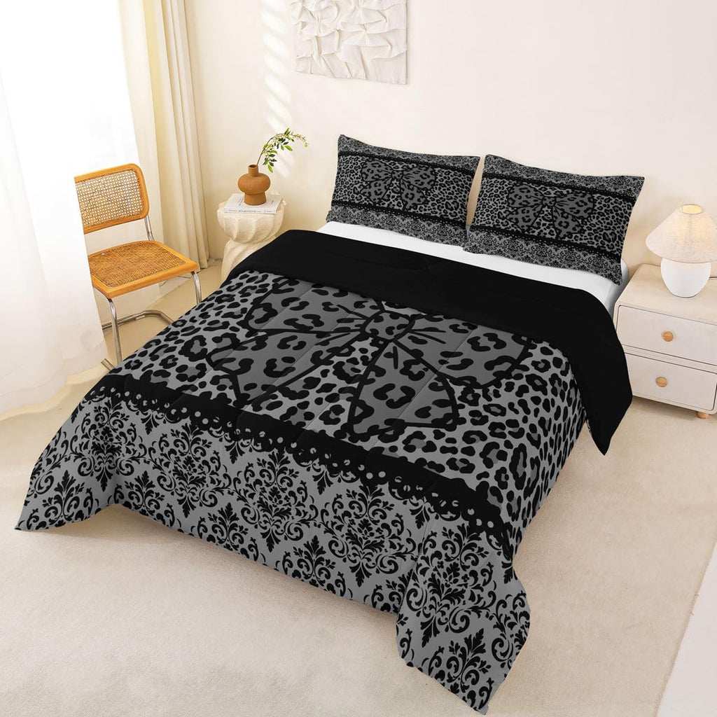 Black Grey Leopard Damask Bowknot Print Bedding Set, Gothic Antique Victorian Baroque Comforter Set Full Size Vintage