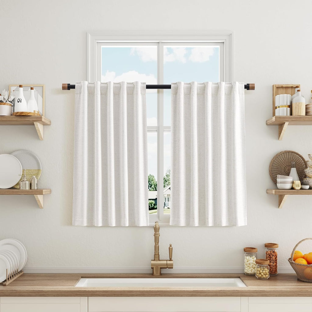 100% Blackout Kitchen Linen Curtains Back Tab Small Drape 36 Inch Length Privacy Natural Elegant Short Black Out Cafe