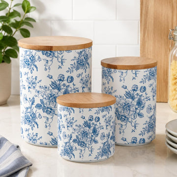 Chinoiserie Floral Ceramic Kitchen Canisters Sets Vintage Blue Flower Clear Storage Jar with Airtight Lids Kitchen - Set of 3