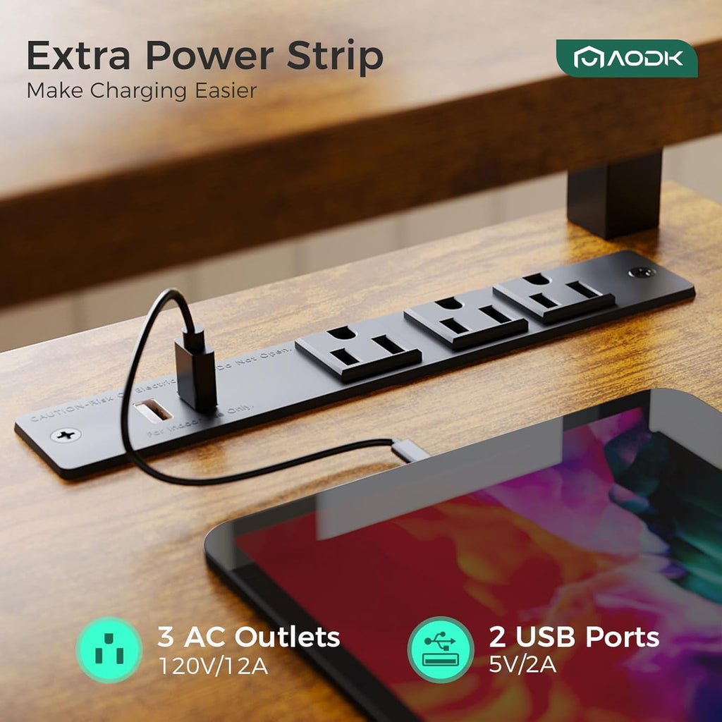 55 Inch Standing Desk with Drawers & Keyboard Tray, Rustic Brown | Power Outlet, LED Lights, Monitor Stand, Cable
