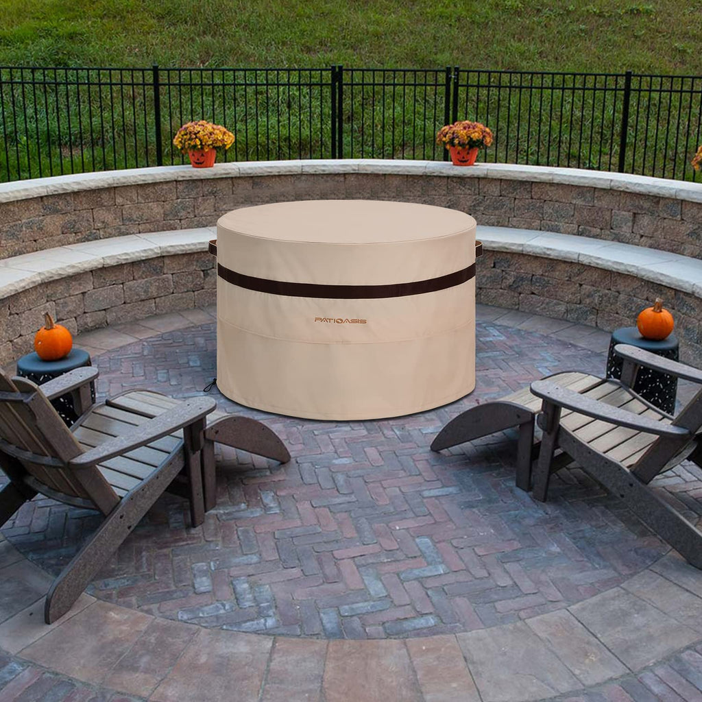50 Inch Round Fire Pit Cover Beige, Heavy Duty Weatherproof with Air Vent, Outdoor Patio Cover for Fire Bowl & Gas