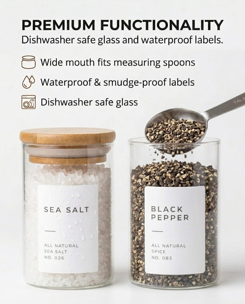 Glass Spice Jars with Label Pack (12x Bamboo Lid Glass Jar) Small 6oz Empty Spice Storage Bottles with 112 Printed