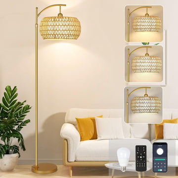 Gold Floor Lamps Boho Rattan Floor Lamp with Remote Control & Wicker Lampshades, Vintage Brass Standing Lamp Dimmable