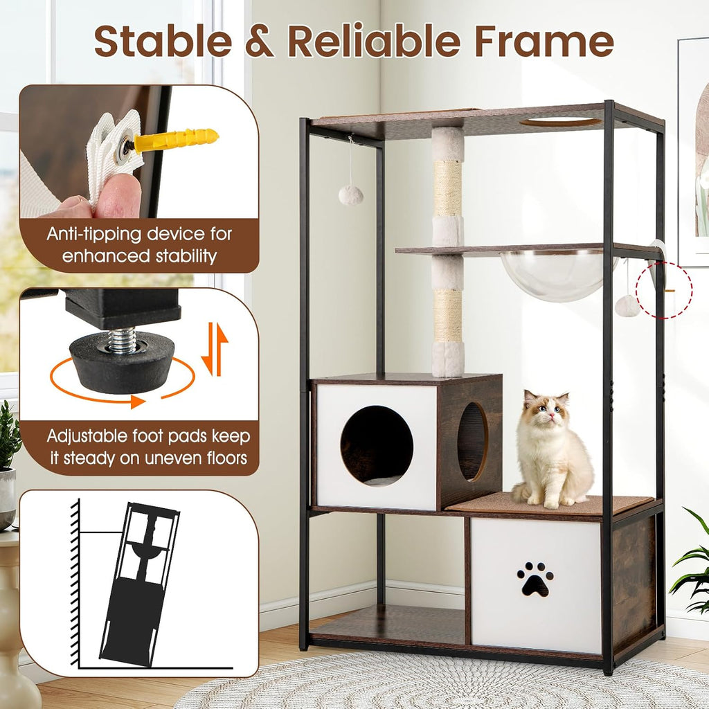 Modern Cat Tree, 52 Inch Multi-Level Cat Tower with Metal Frame, 2 Wooden Condos, Sisal Scratching Posts, Detachable