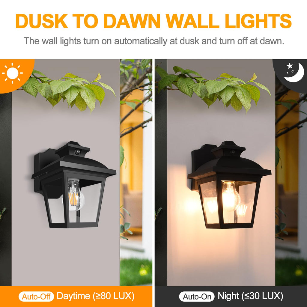 Dusk to Dawn Outdoor Wall Light Fixture, Exterior Porch Lantern, Black