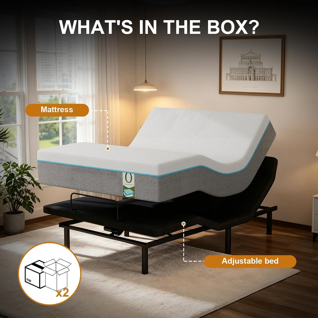 Queen Adjustable Bed Frame with Mattress, Electric Bed Base with Head and Foot Lift, Head-Pillow-Tilt, Under-Bed LED