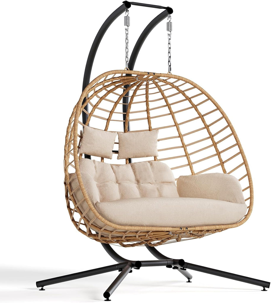 Double Hanging Egg Chair with Stand, Outdoor Patio 2 Person Wicker Hammock Swing Chairs with Cushion Loveseat for