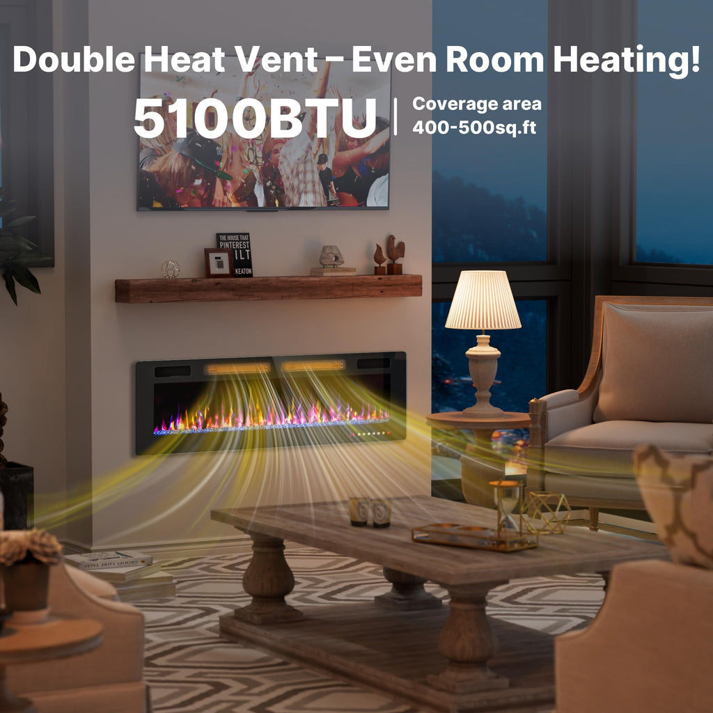 50" Electric Fireplace Recessed Wall Mounted, Ultra Thin Linear Fireplace Inserts, 12 Flame Colors, Timer, Remote &