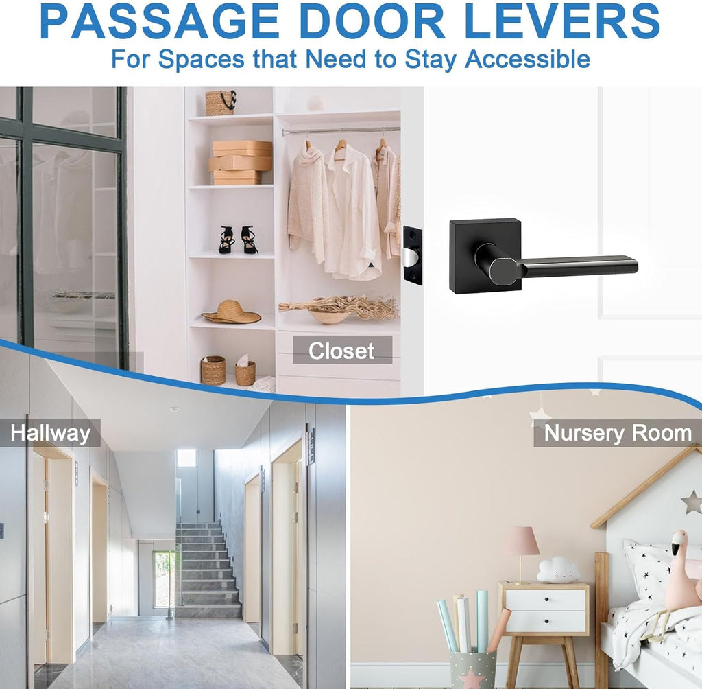 Passage Door Levers, 8 Pack Black Heavy-Duty Interior Door Handles, Square Non-Locking Door Locksets for Closets