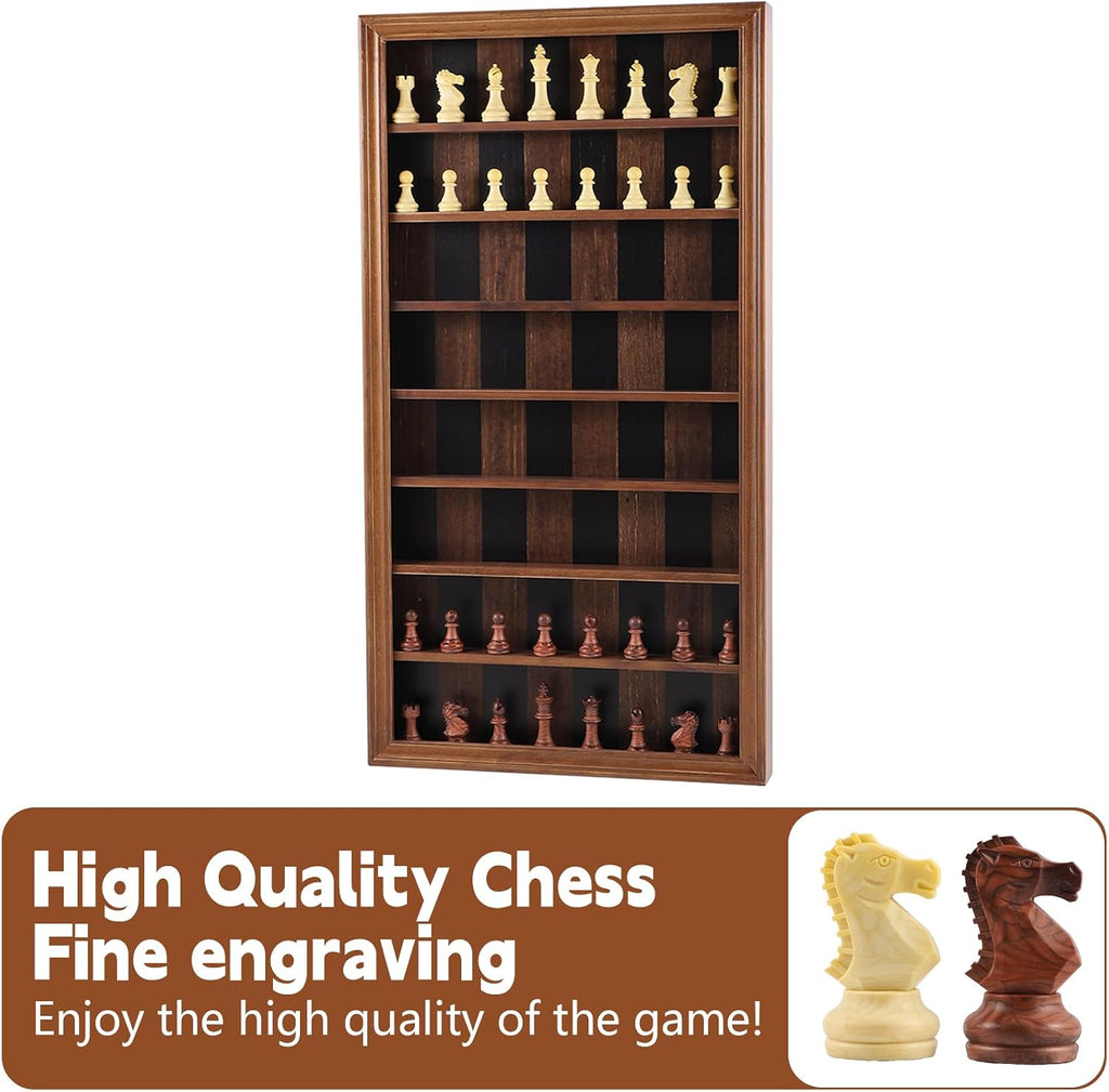 Giant Wall Mounted Chess Board Set, Wooden Wall Chess Board with 32 Carved Chess Pieces, Chess Wall Art Vertical - Set of 32