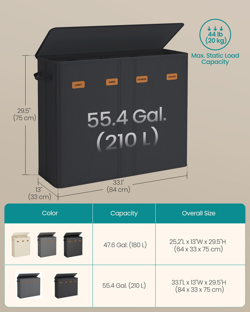 210L Laundry Hamper, 4-Compartment Laundry Sorter with Lid