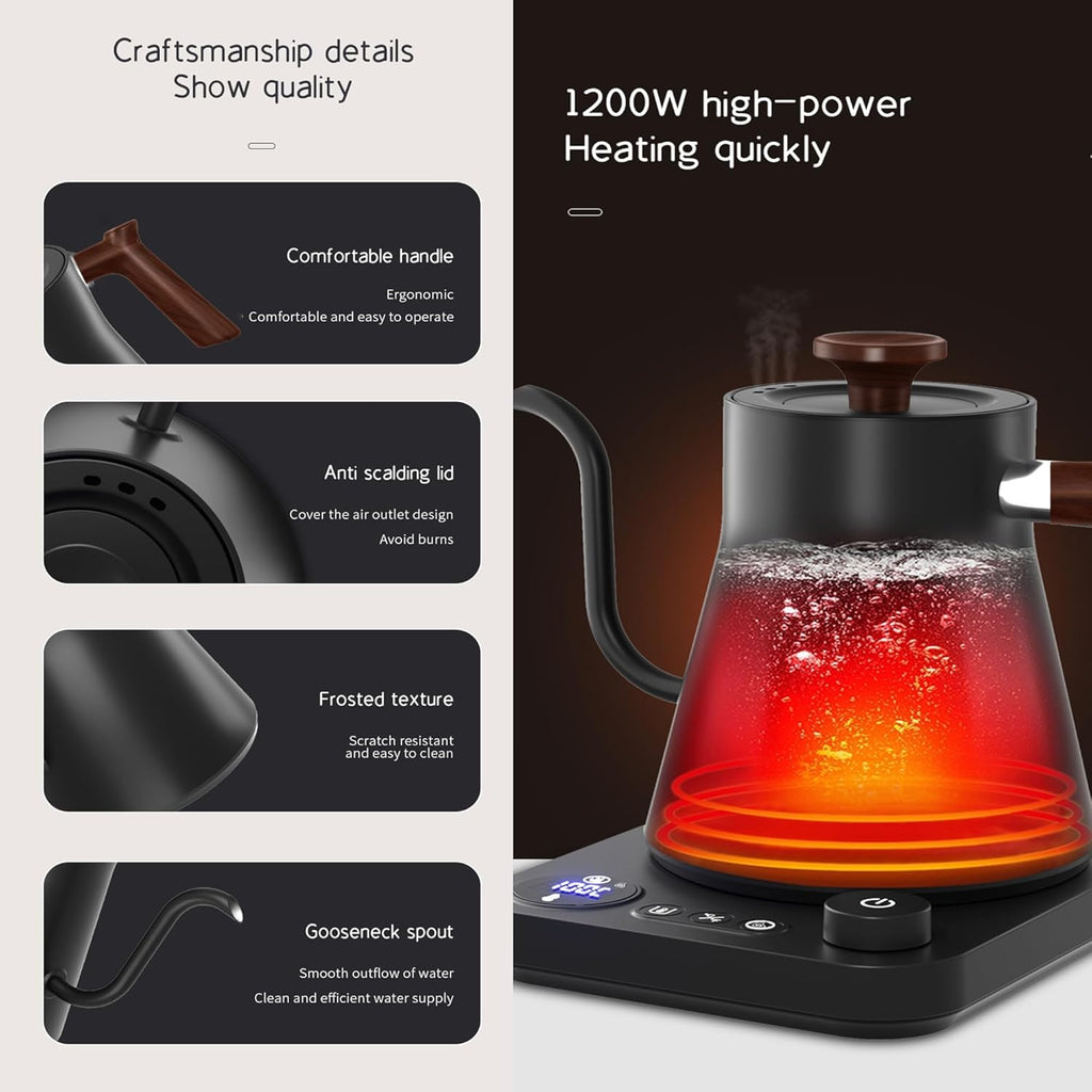 Gooseneck Electric Kettle 0.9L, 1200W Fast Boilling 304 Stainless Steel | LCD Temp Control, Auto Shut-Off Pour Over