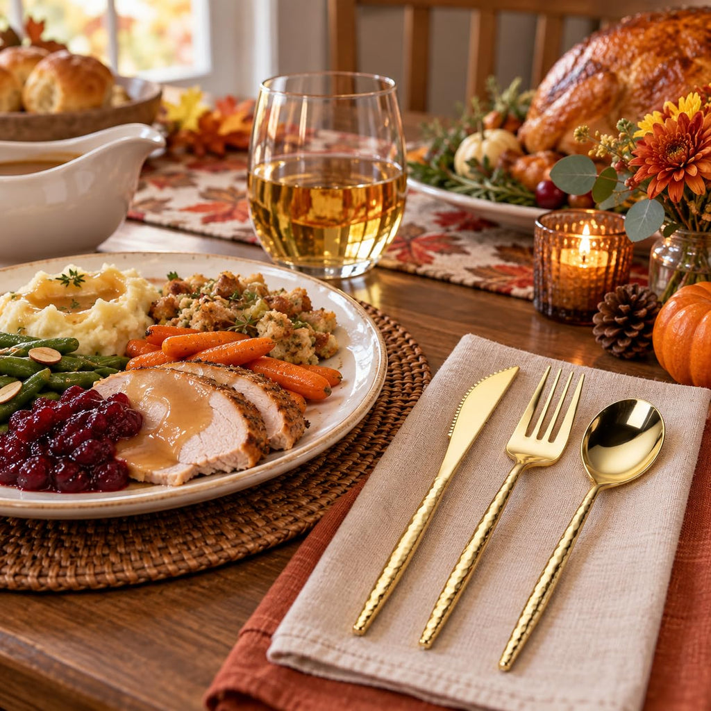 Gold Plastic Silverware, Gold Plastic Utensils, Heavy Duty Silverware, Includes:100 Knives, Forks and Spoons