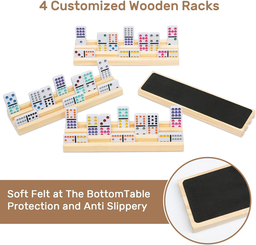 Mexican Train Dominoes Set with 4 Wooden Trays/Racks, Double 12 Dominos Travel Set with 4 Domino Tiles Holders, 91