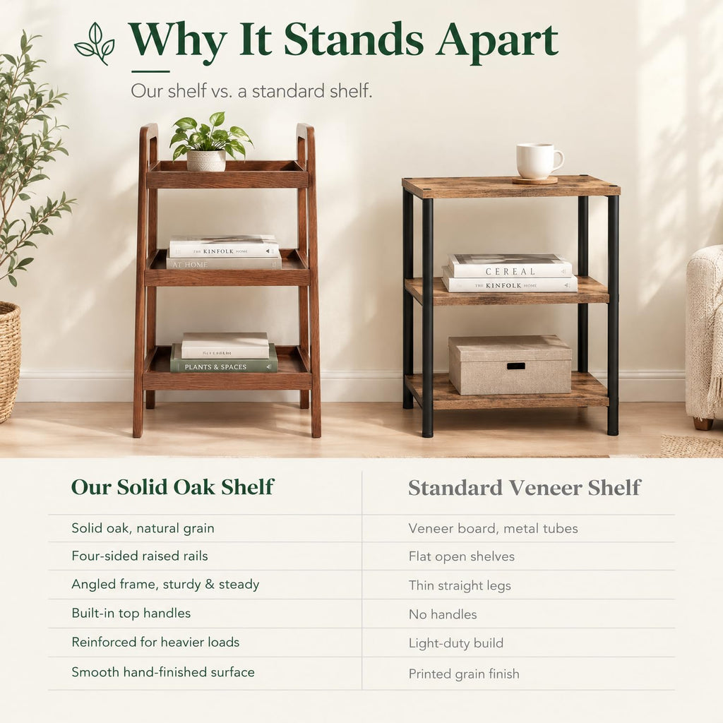 Solid Oak Small Bookshelf, 3 Tier Ladder Shelf Walnut Bookcase