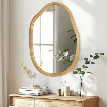 Irregular Wall Mirror, Wood 22X30 Large Asymmetrical Modern Vanity Bathroom Farmhouse Abstract Walnut Nature Mirror