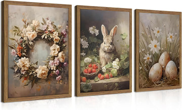 Vintage Easter Bunny Wall Art, Spring Easter Eggs Wreath Canvas Wall Decor Painting, Retro Rustic Farmhouse - Set of 3