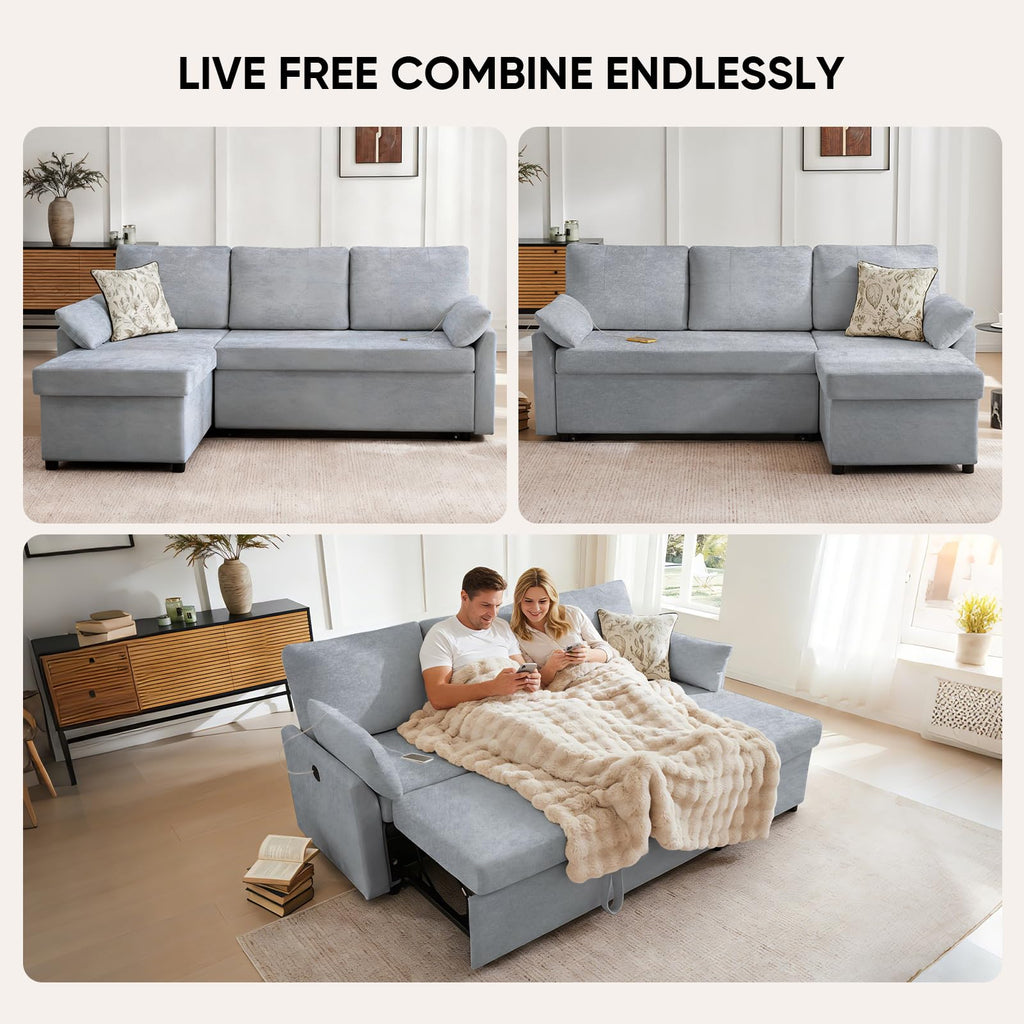 85" L Shaped Sectional Sofa Couch, Pull Out Couch Sleeper Sofa Bed, Soft Chenille Deep Seat Sofa, Reversible Chaise