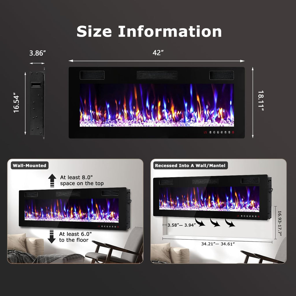 42 inch Electric Fireplace Insert Ultra-Thin, Recessed/Wall Mounted with Remote Control, Wall Fireplace Heater with