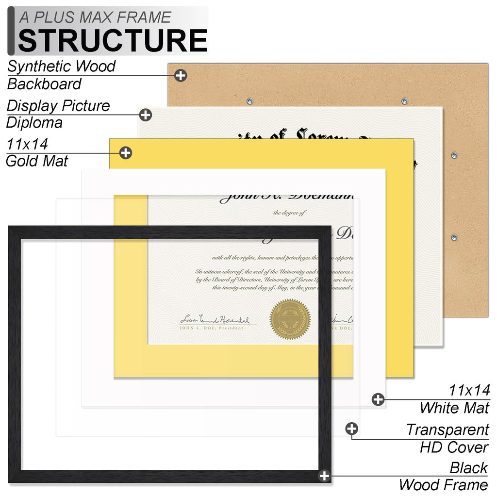 Black 11x14 Diploma Frame Set of 2 Display 8.5x11 Certificate with Mat