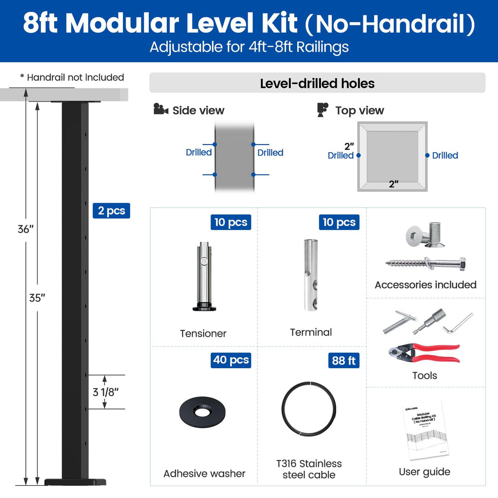 4-8ft Modular Cable Railing Kit for Deck Surface Mount 36in RW17