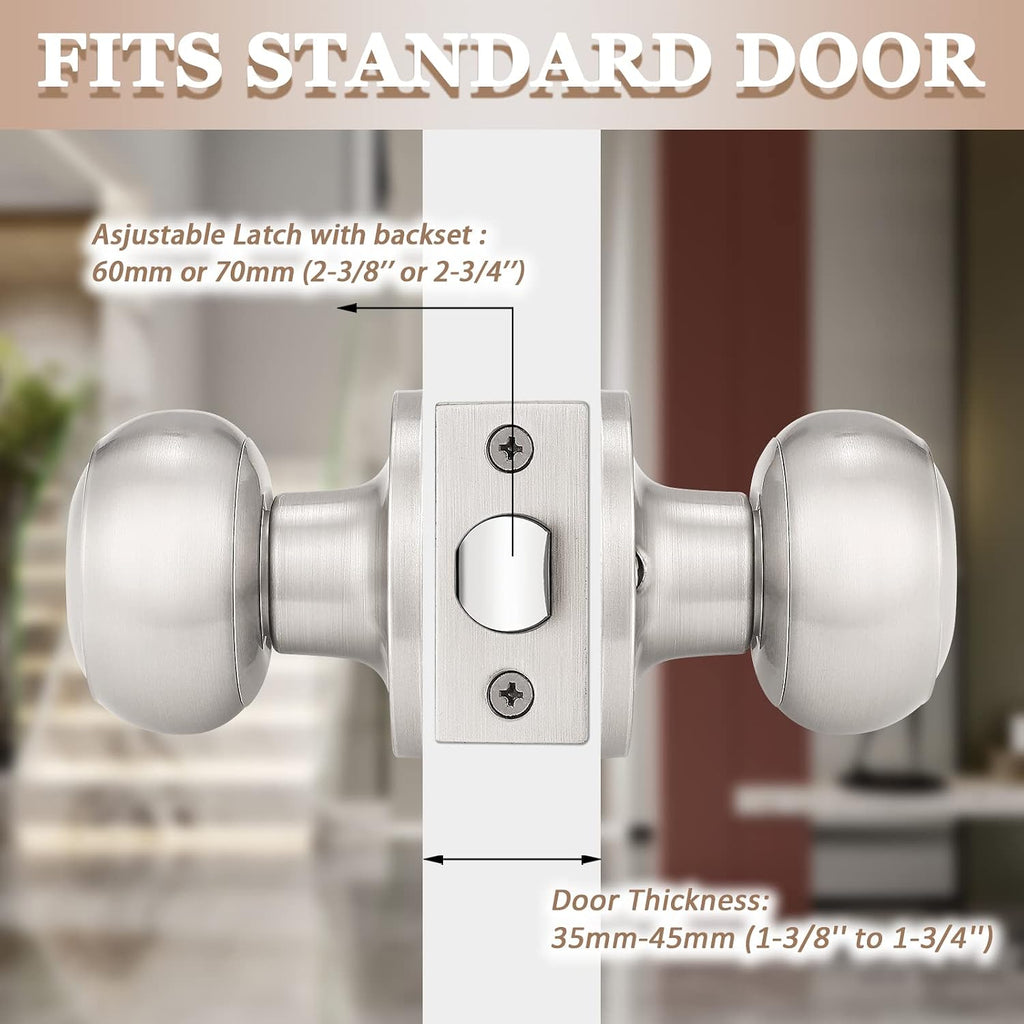 2 Pack Round Passage Door Knob (Non-Locking Knobs), Keyless Door Knobs Interior/Exterior Door Lockset, Passage Knobs