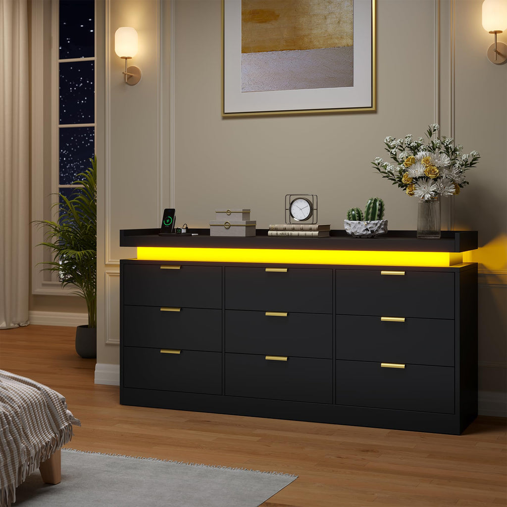 9 Drawer Dresser, Black Dresser with LED Lights and Power Outlet, Large Wooden Dressers Modern Chest of Drawers