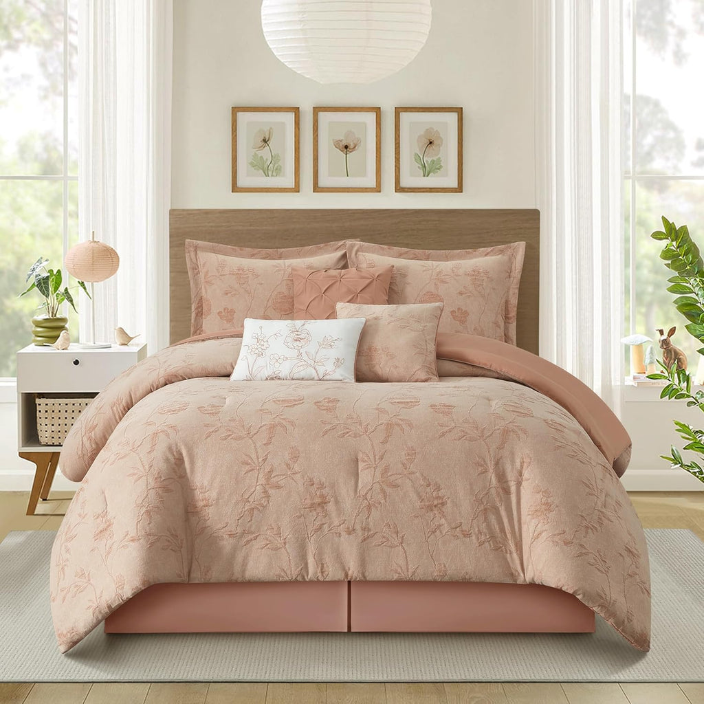 Floral Comforter Set, Blush 7 Pieces Jacquard Bedding Set, Cotton &Polyester Bedding, All Season