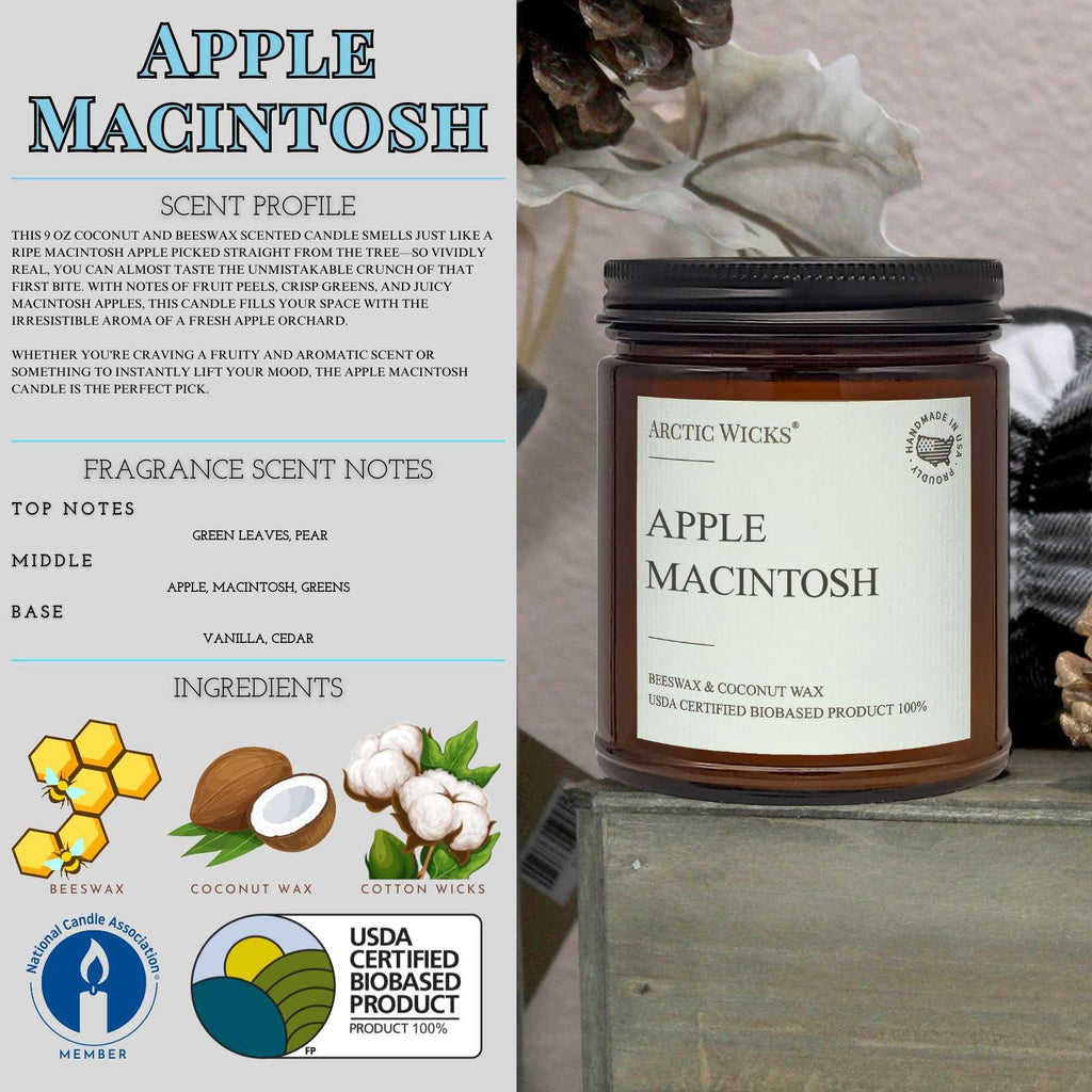 Apple Macintosh Scented Candle | 9oz Amber Jar | Non-Toxic Coconut & Beeswax Candles | Hand-Poured Clean Burning