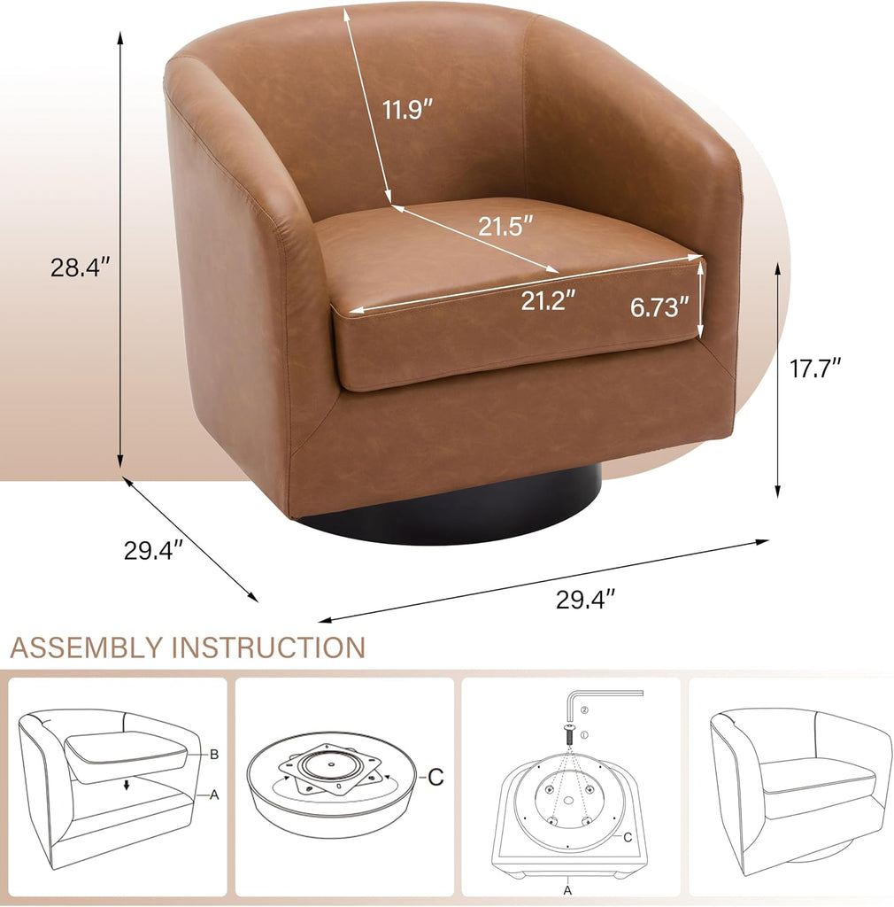Faux Leather 360° Swivel Barrel Accent Chair Brown - Set of 2