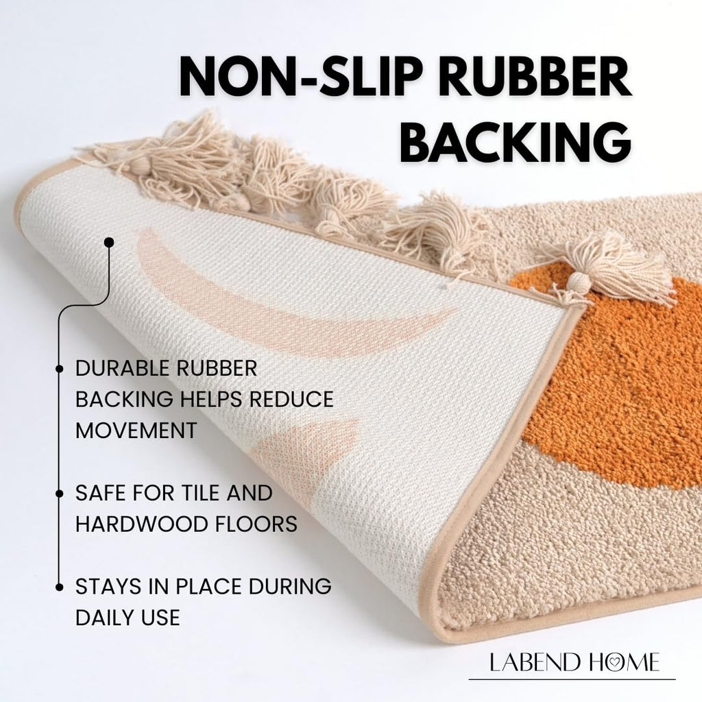 Moon Phase Boho Bathroom Runner - Soft Washable Bath Mat with Tassels - Non-Slip Microfiber - Orange Beige - 20x58 in
