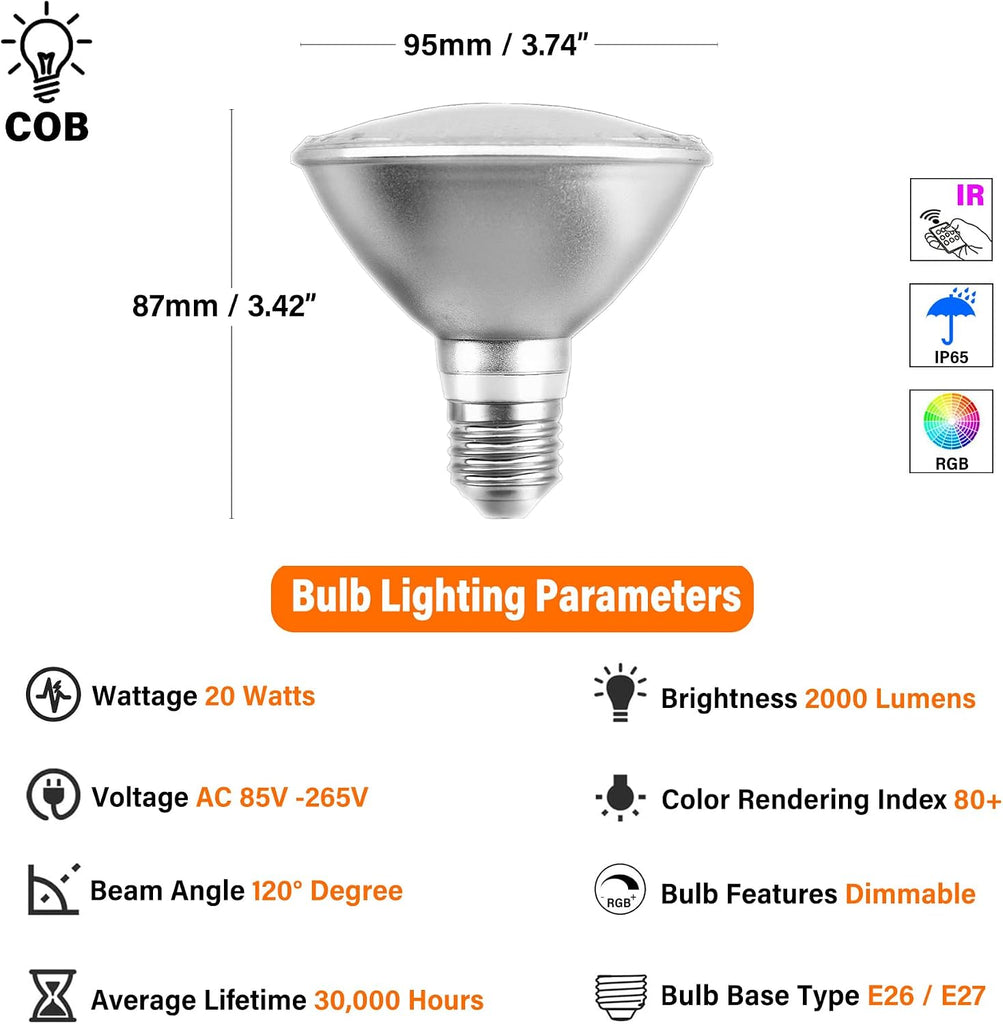 PAR30 Flood Lights Bulb 20 Watt LED/COB Dimmable RGB Color Changing Spotlight Bulb, with Remote Control